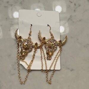 NWT Gold Bull Skull Chain Earrings
